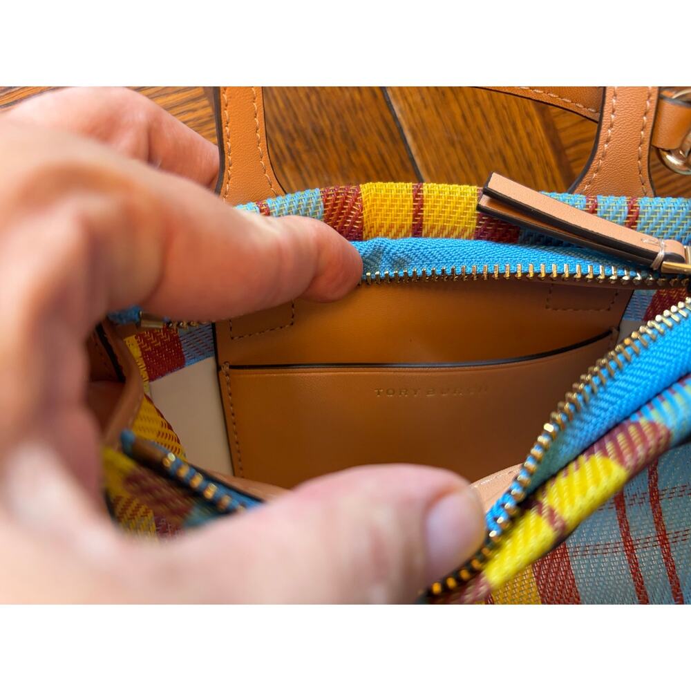 Tory Burch Ella Mini Plaid Top Handle Crossbody Tote Bag Multicolor Leather Trim - Picture 10 of 16